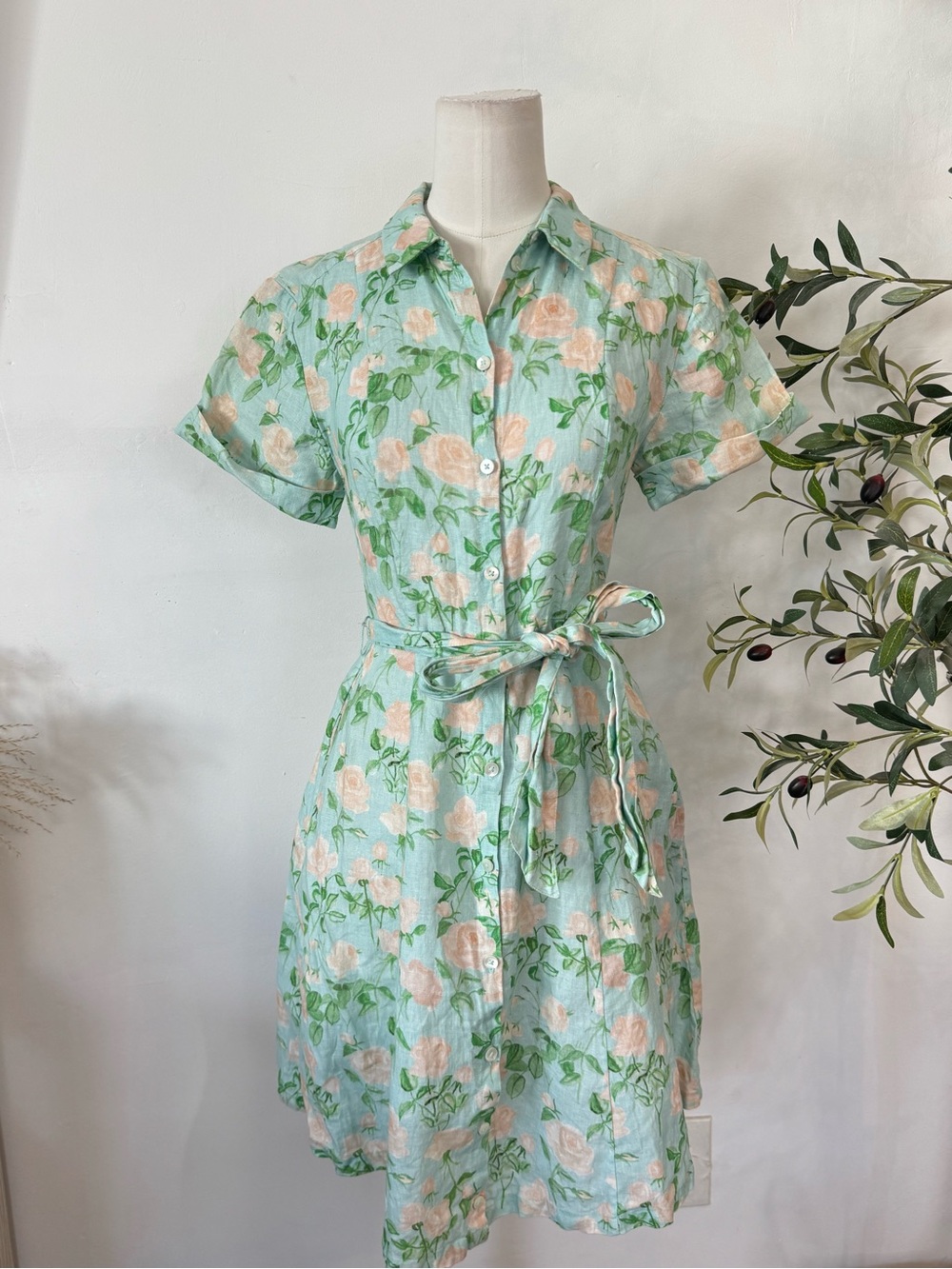 Hill House Home - the lilly Dress Blue Pink Floral 100% Linen Shirt Dress XXS